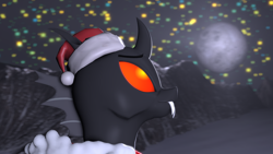 Size: 3840x2160 | Tagged: safe, artist:shifttgc, imported from derpibooru, oc, oc only, oc:shift changeling, changeling, 3d, changeling horn, changeling oc, christmas, christmas changeling, eyebrows, fangs, hat, high res, holiday, horn, moon, red changeling, santa hat, solo, source filmmaker, stars