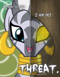 Size: 2158x2780 | Tagged: safe, artist:tehjadeh, imported from derpibooru, zecora, pony, zebra, cloak, clothes, ear piercing, earring, female, high res, jewelry, neck rings, open mouth, piercing, poster, solo, two sided posters