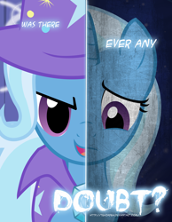 Size: 2158x2780 | Tagged: safe, artist:tehjadeh, imported from derpibooru, trixie, pony, unicorn, brooch, cape, clothes, female, hat, high res, jewelry, mare, sad, solo, the sad and depresive trixie, trixie's brooch, trixie's cape, trixie's hat, two sided posters