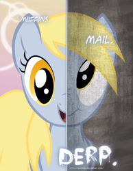 Size: 2158x2780 | Tagged: safe, artist:tehjadeh, imported from derpibooru, derpy hooves, pegasus, pony, :t, derp, female, food, high res, mail, muffin, nose wrinkle, open mouth, poster, scrunchy face, smiling, solo, two sided posters