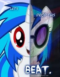 Size: 2158x2780 | Tagged: safe, artist:tehjadeh, imported from derpibooru, dj pon-3, vinyl scratch, pony, unicorn, female, grin, high res, mare, open mouth, poster, rave, red eyes, smiling, two sided posters, vinyl's glasses, wrong eye color