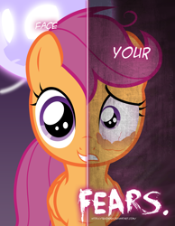 Size: 2158x2780 | Tagged: safe, artist:tehjadeh, imported from derpibooru, scootaloo, pegasus, pony, sleepless in ponyville, bags under eyes, bloodshot eyes, female, filly, grin, gritted teeth, high res, scared, smiling, solo, two sided posters