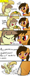 Size: 1000x2500 | Tagged: safe, artist:toyminator900, imported from derpibooru, oc, oc:chilenia, oc:tailcoatl, earth pony, pegasus, pony, angry, chile, colored, comic, earthquake, food, mexico, nation ponies, ponified, spanish