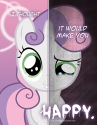 Size: 2158x2780 | Tagged: safe, artist:tehjadeh, imported from derpibooru, sweetie belle, pony, unicorn, crying, cute, diasweetes, dual persona, female, filly, grin, high res, sad, smiling, solo, two sided posters