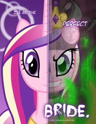 Size: 2158x2780 | Tagged: safe, artist:tehjadeh, imported from derpibooru, princess cadance, queen chrysalis, alicorn, changeling, pony, burning, crown, disguise, disguised changeling, evil grin, fake cadance, female, grin, high res, jewelry, mare, poster, regalia, smiling, solo, tiara, two sided posters