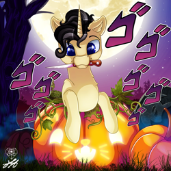 Size: 2000x2000 | Tagged: safe, alternate version, artist:stainedglasslighthea, imported from derpibooru, oc, oc only, oc:dio, pony, unicorn, alternate character, commission, cute, foal, halloween, high res, holiday, horn, jack-o-lantern, jojo reference, jojo's bizarre adventure, knife, male, menacing, moon, night, nightmare night, pumpkin, solo, stallion, tree, ych result, ゴ ゴ ゴ