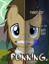 Size: 2158x2780 | Tagged: safe, artist:tehjadeh, imported from derpibooru, doctor whooves, time turner, earth pony, pony, crossover, doctor who, dual personality, high res, male, mouth hold, necktie, poster, solo, sonic screwdriver, stallion, tardis, the doctor, two sided posters