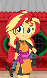 Size: 471x778 | Tagged: safe, artist:rjp.rammy, imported from derpibooru, sunset shimmer, equestria girls, brightly colored ninjas, cute, female, geode of empathy, headband, kunai, kunoichi, magical geodes, ninja, shimmerbetes, solo, weapon