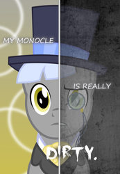 Size: 1000x1449 | Tagged: safe, artist:the smiling pony, imported from derpibooru, caesar, count caesar, earth pony, pony, duality, frown, looking at you, monocle, parody, two sided posters