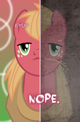 Size: 1000x1527 | Tagged: safe, artist:the smiling pony, imported from derpibooru, big macintosh, earth pony, pony, eeyup, looking at you, male, nope, parody, stallion, two sided posters