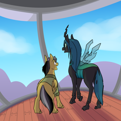 Size: 1000x1000 | Tagged: safe, artist:foxenawolf, imported from derpibooru, daring do, queen chrysalis, oc, changeling, pegasus, pony, fanfic:life love and death in the house of path, duo, fanfic art, female, hooves