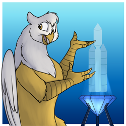 Size: 1000x1000 | Tagged: safe, artist:foxenawolf, imported from derpibooru, oc, oc only, oc:lucida path, hippogriff, fanfic:life love and death in the house of path, beak, crystal, fanfic art, hologram, solo, wings