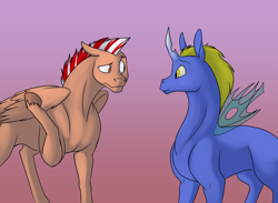 Size: 1000x733 | Tagged: safe, artist:foxenawolf, imported from derpibooru, oc, oc only, oc:cloud thumper, pegasus, pony, fanfic:life love and death in the house of path, changeling hybrid, duo, fanfic art, horn, male, shrug, stallion