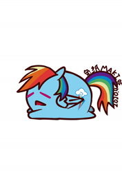 Size: 1000x1414 | Tagged: safe, artist:1395088159, imported from derpibooru, part of a set, rainbow dash, pegasus, pony, chubbie, eyes closed, female, lying, ponyloaf, prone, simple background, solo, white background