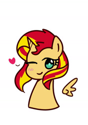 Size: 1000x1414 | Tagged: safe, artist:1395088159, imported from derpibooru, sunset shimmer, alicorn, pony, equestria girls, alicornified, female, floating heart, floating wings, heart, one eye closed, race swap, shimmercorn, simple background, solo, white background, wings, wink