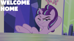 Size: 1280x720 | Tagged: safe, edit, edited screencap, editor:quoterific, imported from derpibooru, screencap, starlight glimmer, pony, unicorn, season 5, the cutie re-mark, female, looking at you, mare, s5 starlight, smiling, smiling at you, solo, twilight's castle, welcome home twilight