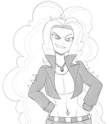 Size: 1089x1240 | Tagged: safe, artist:reiduran, imported from derpibooru, adagio dazzle, equestria girls, belly button, belly piercing, bellyring, clothes, jacket, leather jacket, monochrome, piercing, smiling, smirk, solo