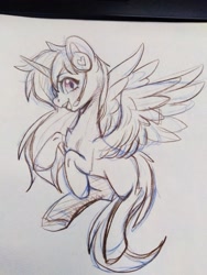 Size: 2449x3265 | Tagged: safe, imported from derpibooru, oc, oc only, oc:diana melody, alicorn, pony, flying, headphones, high res, solo, traditional art