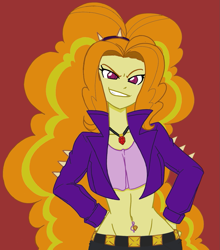 Size: 1089x1240 | Tagged: source needed, safe, artist:reiduran, color edit, edit, imported from derpibooru, adagio dazzle, equestria girls, belly button, belly piercing, bellyring, brown background, colored, female, grin, hand on hip, piercing, simple background, smiling, smirk, solo