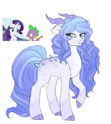 Size: 1280x1437 | Tagged: safe, artist:void-sommar, imported from derpibooru, rarity, spike, oc, dracony, dragon, hybrid, pony, unicorn, claw hooves, floppy ears, horns, interspecies offspring, offspring, parent:rarity, parent:spike, parents:sparity, screencap reference, simple background, smiling, white background