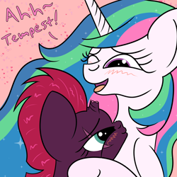 Size: 2000x2000 | Tagged: safe, artist:dafiltafish, imported from derpibooru, princess celestia, tempest shadow, blushing, crack shipping, female, high res, kissy face, lesbian, shipping, text