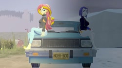 Size: 1200x675 | Tagged: safe, artist:thatradhedgehog, imported from derpibooru, sunset shimmer, equestria girls, 3d, chevrolet chevette, crossover, raven (dc comics), shimrav, source filmmaker, summer, teen titans, winter