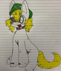 Size: 2590x3050 | Tagged: safe, artist:carcinisation, imported from derpibooru, oc, oc only, oc:fargate, earth pony, pony, hat, high res, lined paper, one eye closed, simple background, solo, traditional art, wink