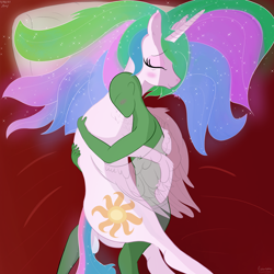 Size: 3000x3000 | Tagged: safe, artist:enonnnymous, imported from derpibooru, princess celestia, oc, oc:anon, alicorn, human, pony, /sun/, bed, blushing, chest fluff, clothes, cuddling, cute, cutelestia, dock, duo, eyes closed, four-limbed hug, high res, hug, human on pony snuggling, love, lying down, pillow, sigh, sleeping, smiling, snuggling, tail, tired, transparent wings, underwear, wing blanket, winghug, wings