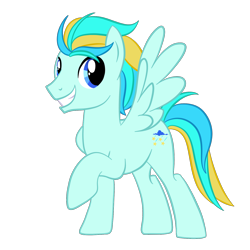 Size: 1500x1500 | Tagged: safe, artist:magicpebbles, imported from derpibooru, oc, oc only, oc:starstorm, pegasus, pony, blue eyes, full body, male, multicolored mane, multicolored tail, pegasus oc, raised hoof, show accurate, simple background, smiling, solo, spread wings, stallion, standing, tail, transparent background, wings