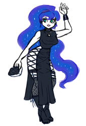Size: 873x1280 | Tagged: safe, artist:king-kakapo, imported from derpibooru, princess luna, human, boots, bracelet, clothes, dress, ear piercing, earring, eyebrows, eyebrows visible through hair, eyeshadow, female, fishnets, grin, high heel boots, high heels, humanized, jewelry, legs, lipstick, makeup, necklace, piercing, praise the moon, purse, raised hand, shoes, side slit, simple background, sketch, smiling, socks, solo, stockings, stupid sexy princess luna, thigh highs, thighs, tight clothing, total sideslit, white background, wide hips
