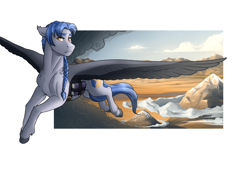 Size: 2000x1350 | Tagged: safe, artist:royvdhel-art, imported from derpibooru, oc, oc only, oc:tranquil dusk, pegasus, pony, bag, flying, outdoors, pegasus oc, saddle bag, solo, wings