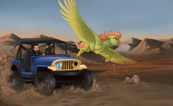 Size: 5808x3544 | Tagged: safe, artist:royvdhel-art, imported from derpibooru, oc, oc only, oc:tropical smoothie, human, pegasus, pony, car, clothes, desert, duo, flying, jeep, mountain, outdoors, pegasus oc, wings