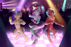 Size: 4092x2726 | Tagged: safe, artist:royvdhel-art, imported from derpibooru, oc, oc only, earth pony, semi-anthro, unicorn, dancing, earth pony oc, glowing, glowing horn, glowstick, horn, indoors, smiling, unicorn oc