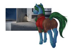 Size: 4332x3093 | Tagged: safe, artist:royvdhel-art, imported from derpibooru, oc, oc only, earth pony, pony, bed, butt, clothes, dock, earth pony oc, indoors, plot, solo, tail