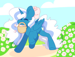 Size: 1280x973 | Tagged: safe, artist:beeshoneymiik, imported from derpibooru, oc, oc:fleurbelle, alicorn, alicorn oc, basket, bow, eyes closed, female, flower, hair bow, horn, mare, mouth hold, sky, wings