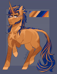 Size: 3370x4353 | Tagged: safe, artist:yumeyuuheii, imported from derpibooru, oc, oc only, pony, unicorn, abstract background, glasses, horn, leonine tail, male, reference sheet, signature, stallion, story included, tail, unicorn oc