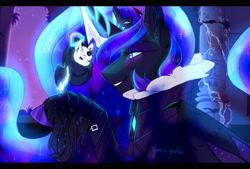 Size: 3700x2500 | Tagged: safe, artist:yumeyuuheii, imported from derpibooru, nightmare moon, oc, alicorn, pony, baby, baby pony, castle, ethereal mane, female, high res, mare, night, parent:nightmare moon, smiling, starry mane, stars, story included