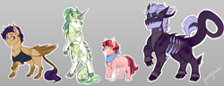 Size: 7000x2686 | Tagged: safe, artist:yumeyuuheii, imported from derpibooru, oc, earth pony, pegasus, pony, unicorn, clothes, gray background, group, pegasus oc, signature, simple background