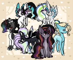 Size: 1395x1152 | Tagged: safe, artist:beamybutt, imported from derpibooru, oc, oc only, pegasus, pony, unicorn, abstract background, base used, ethereal mane, flying, group, horn, offspring, parent:king sombra, parent:princess celestia, parents:celestibra, pegasus oc, starry mane, unicorn oc