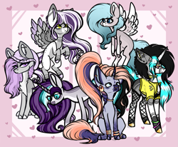 Size: 1433x1183 | Tagged: safe, artist:beamybutt, imported from derpibooru, oc, oc only, pony, base used, ear fluff, group, magical lesbian spawn, offspring, parent:maud pie, parent:octavia melody, parent:rarity, parent:starlight glimmer, parent:thunderlane, parent:vinyl scratch, parents:rarilane, parents:scratchtavia, parents:starmaud