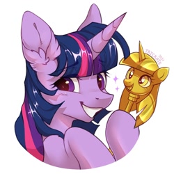 Size: 2000x2000 | Tagged: safe, artist:trickate, imported from derpibooru, twilight sparkle, pony, bust, collaboration, collaboration:too many twilight, cute, eye clipping through hair, eyebrows, eyebrows visible through hair, female, grin, high res, horn, mare, portrait, scepter, simple background, smiling, solo, sparkles, twiabetes, twilight scepter, white background