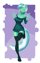 Size: 2400x3800 | Tagged: safe, artist:junglemango, imported from derpibooru, lyra heartstrings, anthro, plantigrade anthro, unicorn, breasts, busty lyra heartstrings, clothes, double peace sign, eyes closed, full body, high res, horn, off shoulder, off shoulder sweater, peace sign, smiling, socks, solo, stocking feet, stockings, sweater, thigh highs