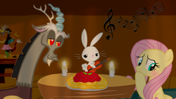 Size: 1280x720 | Tagged: safe, artist:mlplary6, imported from derpibooru, angel bunny, discord, fluttershy, draconequus, pegasus, pony, rabbit, animal, blushing, candle, candlelight, date, discord lamp, discoshy, female, food, guitar, hoof on chin, looking back, male, mare, music notes, musical instrument, pasta, shipping, smiling, spaghetti, straight, trio