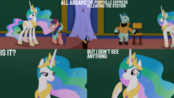 Size: 1280x720 | Tagged: safe, edit, edited screencap, editor:quoterific, imported from derpibooru, screencap, on stage, princess celestia, raspberry beret, alicorn, earth pony, pony, horse play, season 8, spoiler:s08, :o, beret, chair, chalkboard, crown, female, frown, hat, hoof shoes, jewelry, male, mare, open mouth, regalia, school of friendship, sitting, smiling, stallion, trio