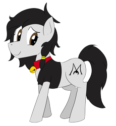 Size: 1568x1704 | Tagged: safe, artist:soccy, derpibooru exclusive, imported from derpibooru, oc, oc only, oc:double m, earth pony, pony, derpibooru community collaboration, 2022 community collab, bell, bell collar, black mane, black tail, brown eyes, clothes, collar, cutie mark, earth pony oc, jacket, looking at you, male, simple background, smiling, smiling at you, solo, stallion, tail, transparent background, white coat