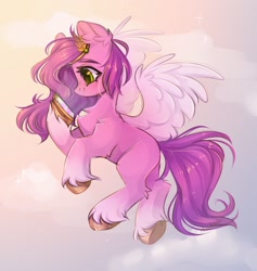 Size: 1652x1744 | Tagged: safe, artist:arisuyukita, imported from derpibooru, pipp petals, pegasus, pony, adorapipp, chest fluff, cloud, cute, ear fluff, female, flying, g5, hoof hold, my little pony: a new generation, phone, side view, solo, spread wings, unshorn fetlocks, wings