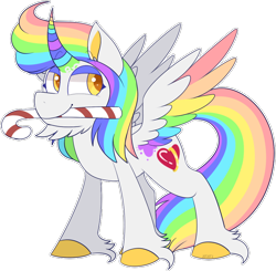 Size: 850x832 | Tagged: safe, artist:jetjetj, imported from derpibooru, oc, oc only, oc:spectrum, alicorn, pony, candy, candy cane, colored wings, food, male, mouth hold, multicolored wings, simple background, solo, stallion, transparent background, wings