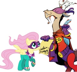 Size: 943x883 | Tagged: safe, artist:11drakezgm, edit, edited screencap, idw, imported from derpibooru, screencap, discord, fluttershy, saddle rager, draconequus, pegasus, pony, background removed, cape, captain goodguy, clothes, duo, eyes closed, female, frown, male, mare, power ponies, raised hoof, simple background, smiling, spread wings, white background, wings