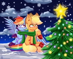 Size: 2054x1680 | Tagged: safe, artist:galaxy swirl, imported from derpibooru, applejack, rainbow dash, earth pony, pegasus, pony, appledash, christmas, clothes, cute, dashabetes, female, holiday, jackabetes, lesbian, scarf, shared clothing, shared scarf, shipping, snow, snowfall, tree