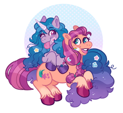 Size: 2048x1875 | Tagged: safe, artist:cuelerae, imported from derpibooru, izzy moonbow, sunny starscout, earth pony, pony, unicorn, spoiler:my little pony: a new generation, duo, duo female, female, g5, mare, my little pony: a new generation, one eye closed, sticker, tongue out